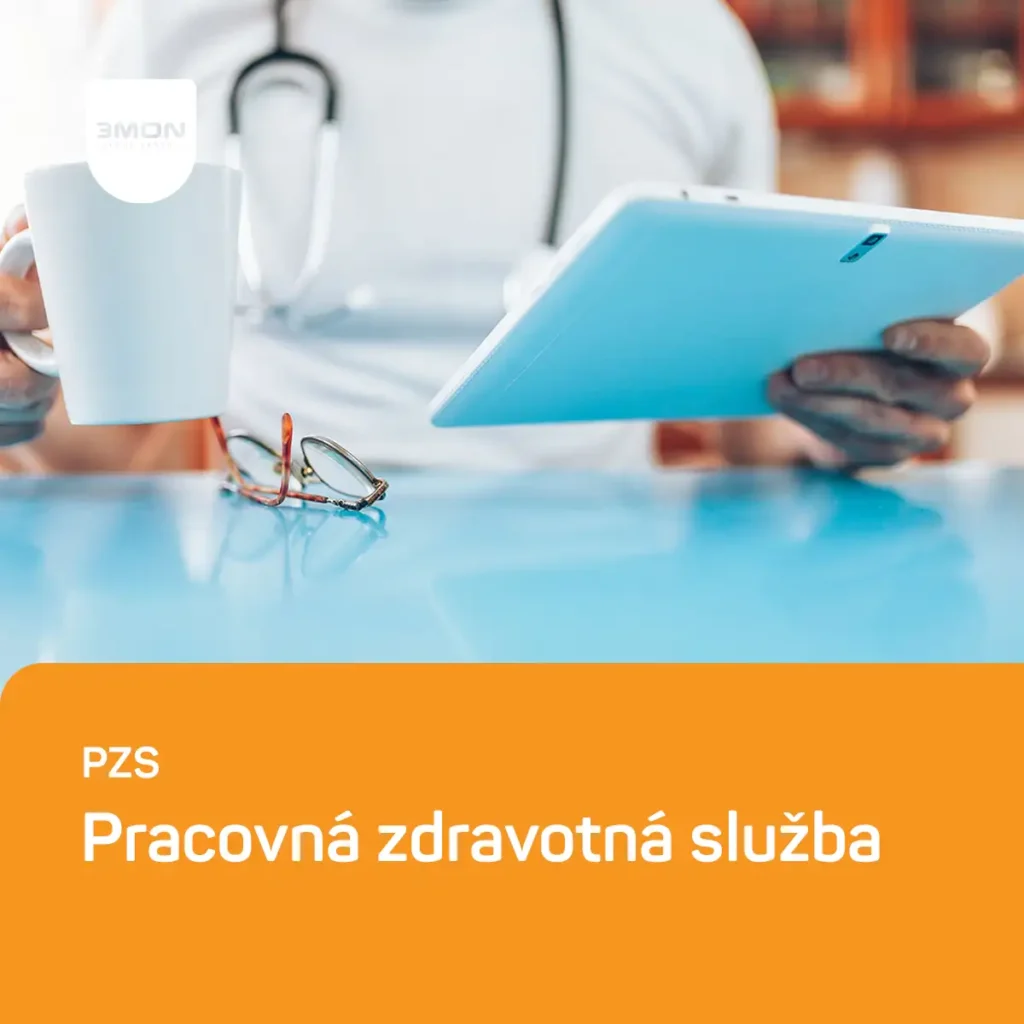 Medical professional with stethoscope holding a blue tablet while a mug sits on a bright blue table; orange banner with white Slovak text in the corner.