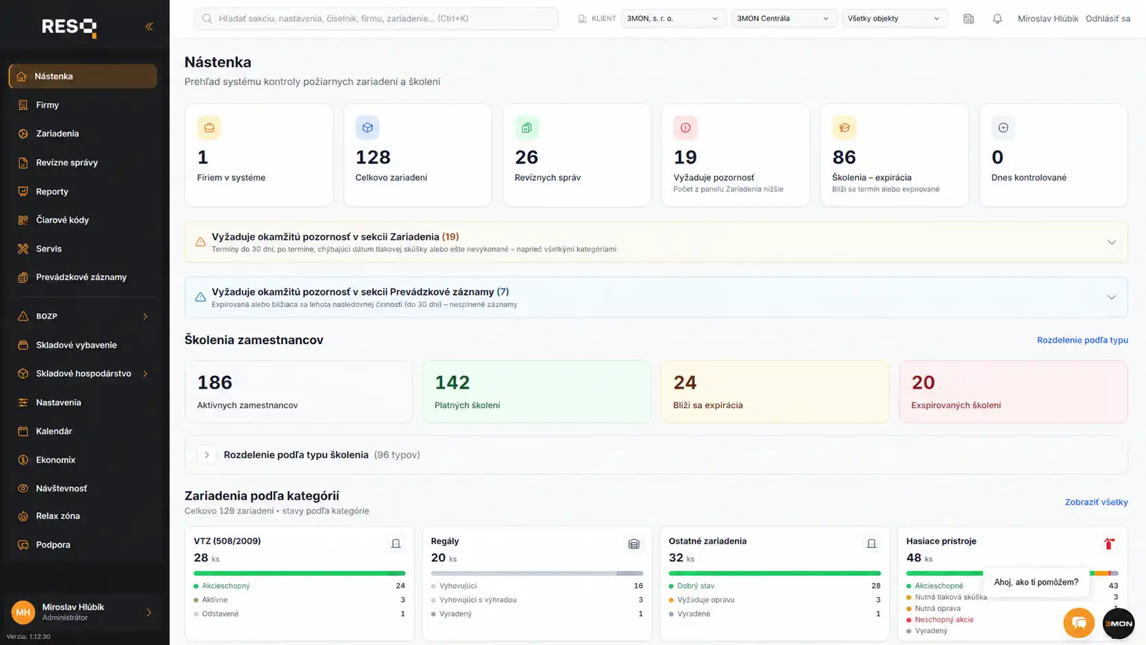 Reálny dashboard ResQ App s prehľadom zariadení, termínov a BOZP